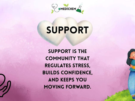 MediChem blog header for the Support post. Two illustrated figures embrace against a soft pink watercolor background beneath the MediChem logo. Text reads: "Support is the community that regulates stress, builds confidence, and keeps you moving forward."