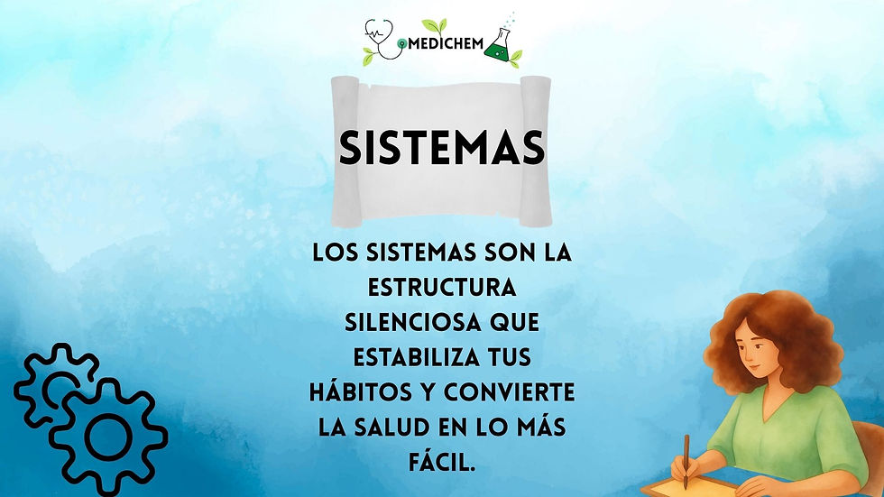 Imagen de cabecera del blog MediChem con fondo azul acuarela, un gráfico de pergamino con la palabra "Sistemas", iconos de engranajes a la izquierda y una mujer ilustrada escribiendo en un escritorio a la derecha. El texto dice: "Los sistemas son la estructura silenciosa que estabiliza tus hábitos y convierte la salud en la elección más fácil".