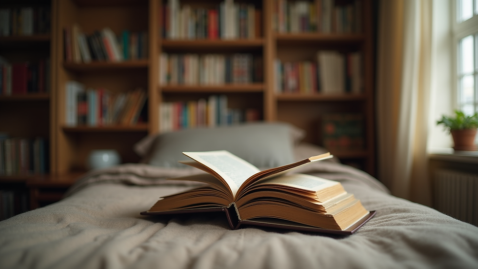 Eye-level view of a cozy reading nook with a stack of books