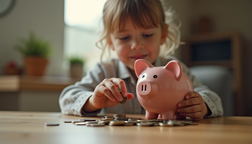 A young child joyfully places a coin into a piggy bank, surrounded by a small pile of coins, highlighting an early lesson in saving and financial responsibility.