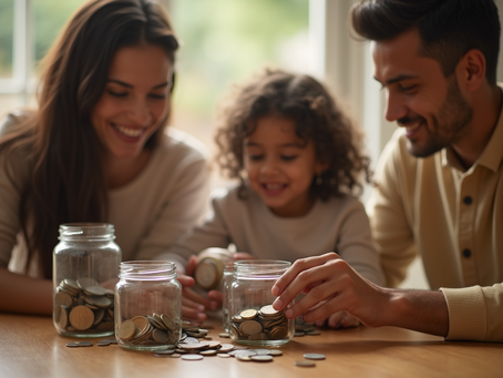 A family enjoys a moment of togetherness as they save money, placing coins into jars while smiling warmly at each other.