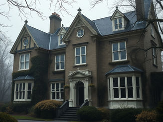 A misty morning shrouds this elegant Victorian mansion, its detailed gables and ornate entrance evoking a timeless grandeur.
