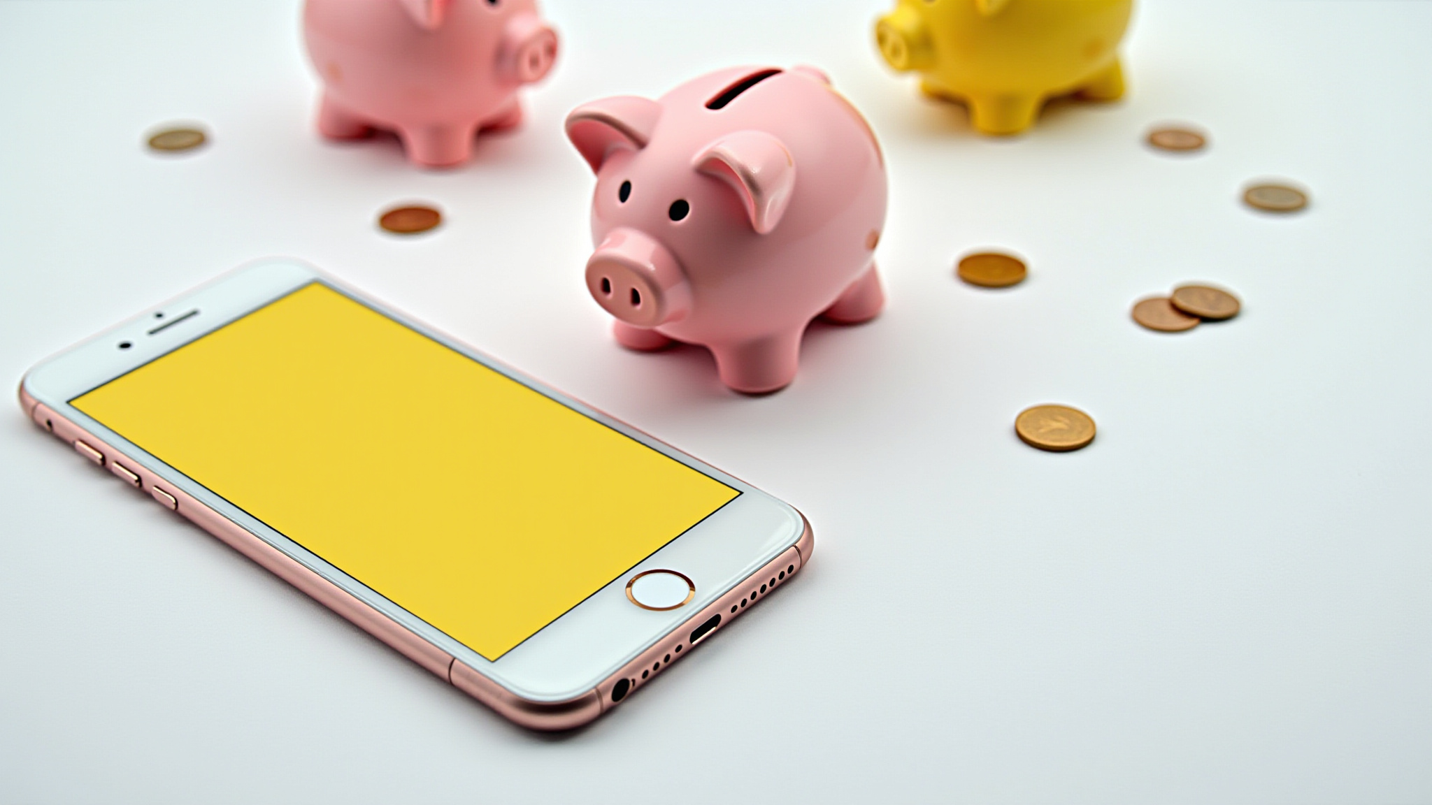 three piggy banks a mobile phone and a few scattered coins on a white table