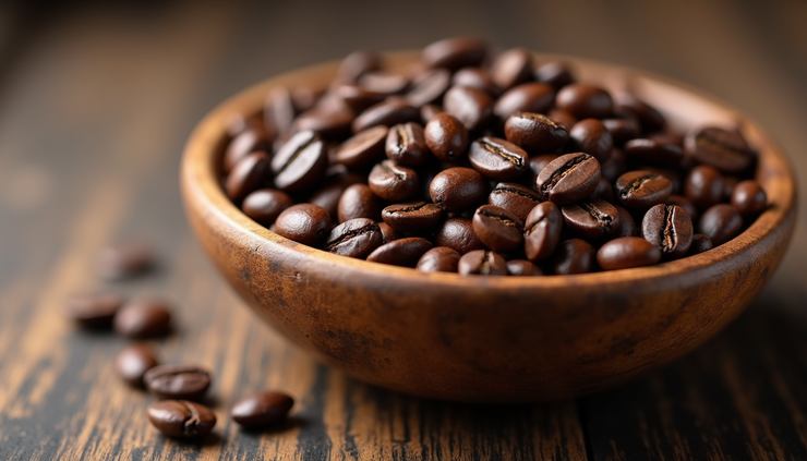 Close-up view of freshly roasted small batch coffee beans in a rustic wooden bowl