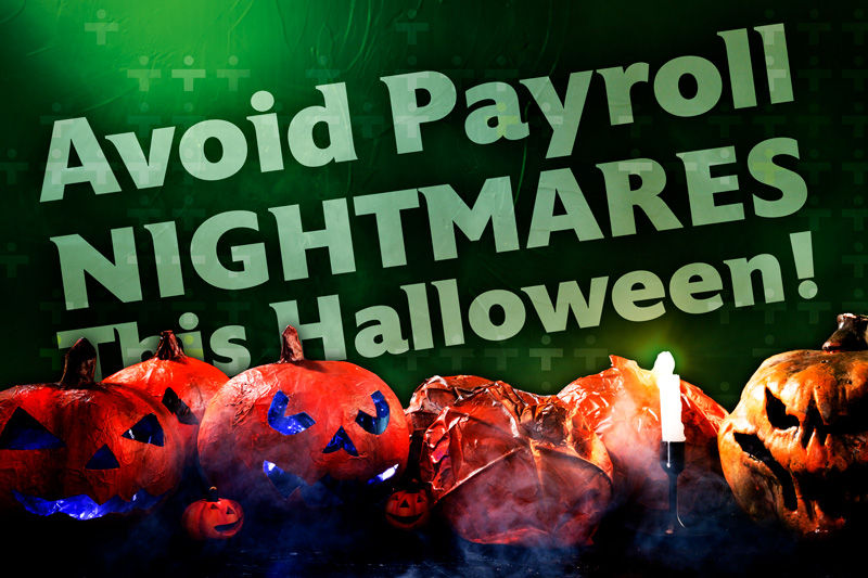 A row of jack-o-lanterns with the text "Avoid Payroll Nightmares this Halloween" behind it