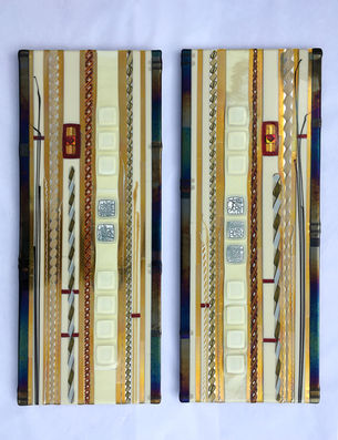 Fused glass wall panel composition with abstract linear textures