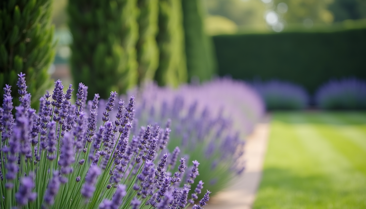 Vista laterale di un giardino con piante di lavanda lungo il bordo