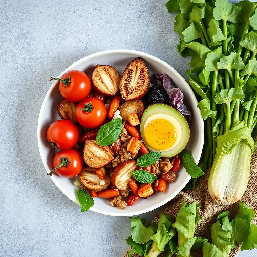 A vibrant and nutritious salad bowl featuring fresh tomatoes, juicy figs, avocado, and a mix of crunchy greens, perfect for a healthy meal.