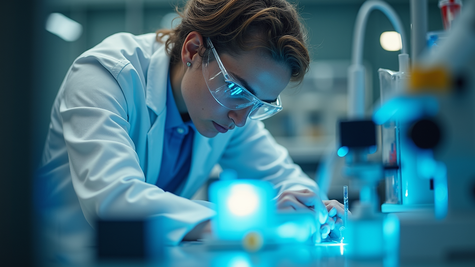 High angle view of a scientist working with optical fibres in a lab