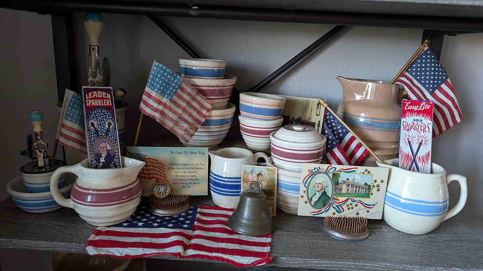 Vintage Hull Pottery red and blue striped Beehive kitchenware in patriotic display