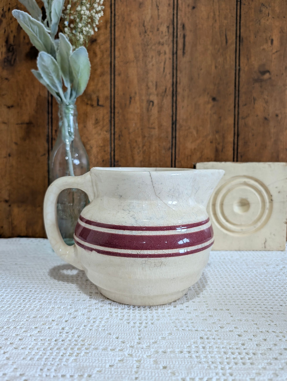 Original Hull Pottery Jug, Pimento Red striped 300 Line jug or creamer on table