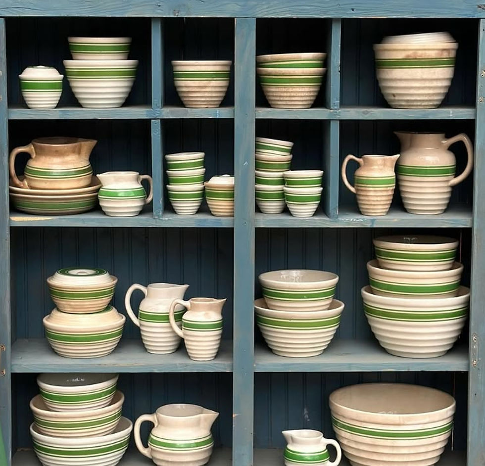 Hull Pottery Beehive 300 Line kitchenware with Spring Green stripes