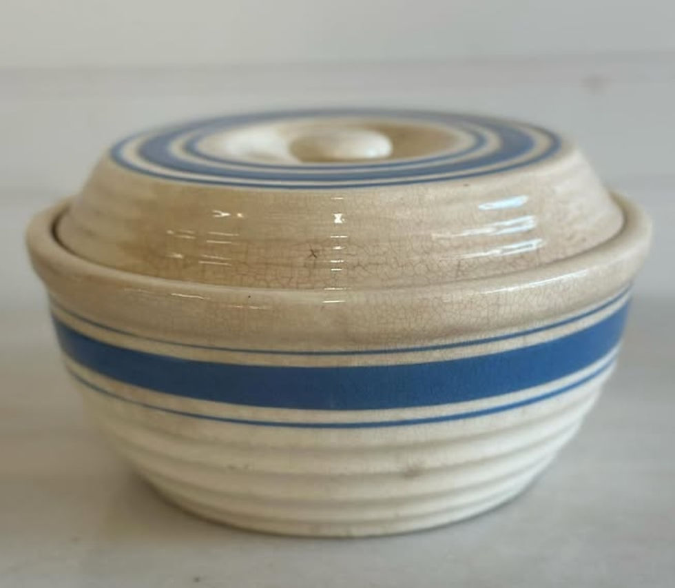 Blue stripe Hull Pottery Beehive covered ribbed kitchenware piece with lid