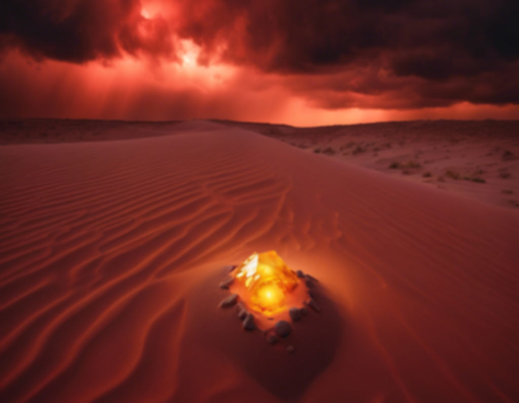 glowing Citrine point buried in red sand dunes under a spooky stormy sky.jpg