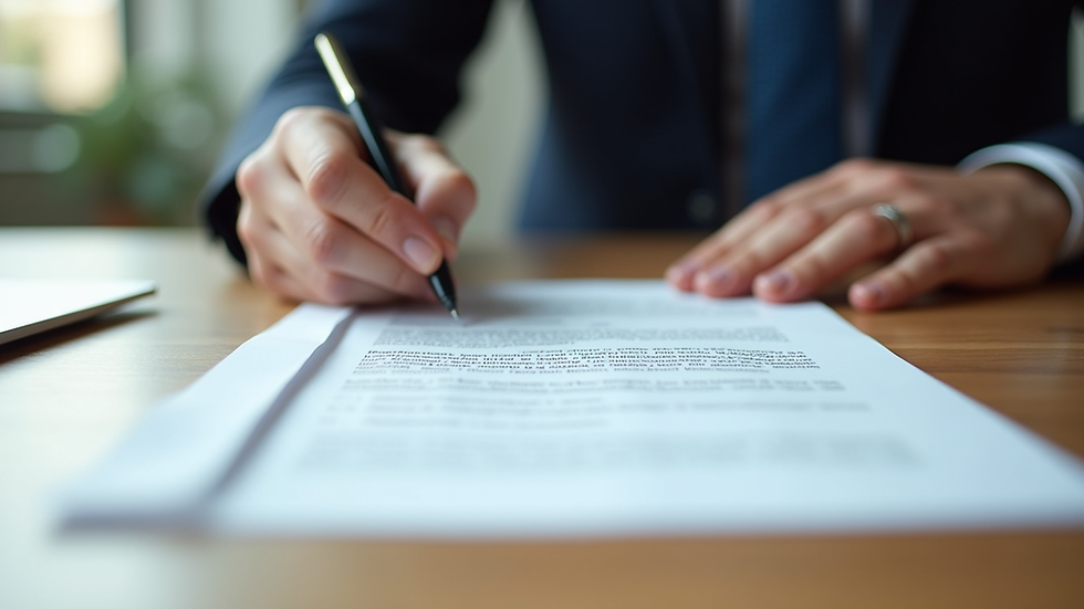 Close-up view of a business contract being signed on a wooden desk