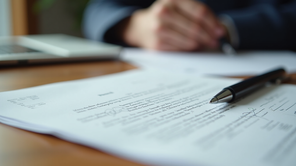 Close-up view of legal documents with a pen on a wooden table