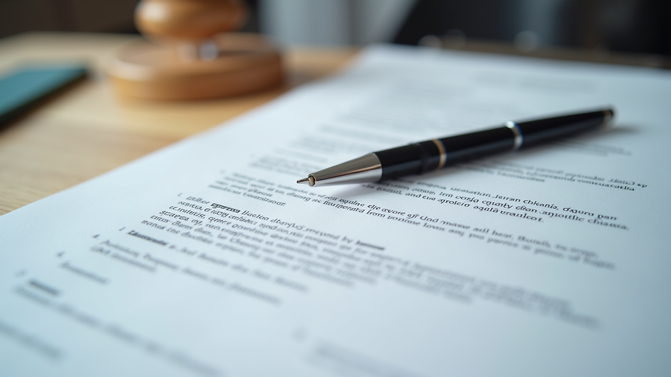 Close-up view of a legal contract with a pen on top