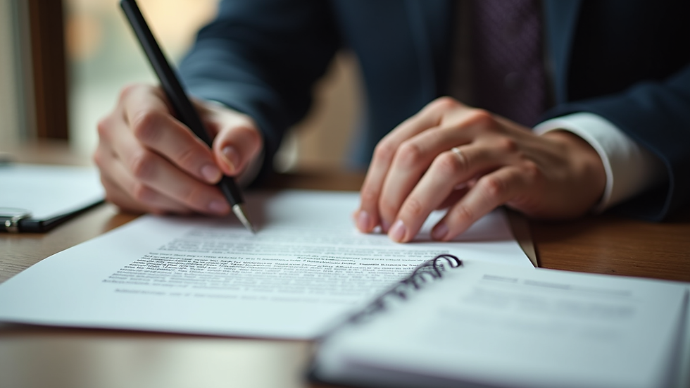 Close-up view of a mediator's hands holding a contract during a mediation session