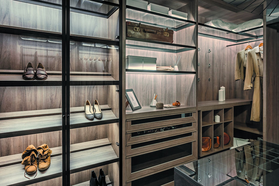 Glass-front closet cabinets with integrated LED lighting