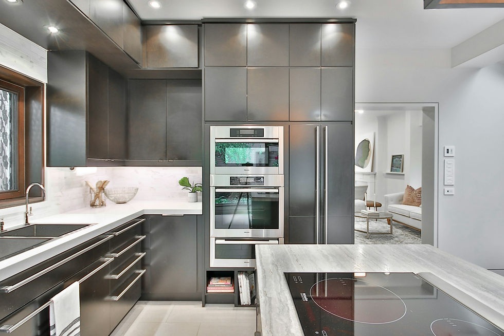 Luxury kitchen storage solutions in a modern European kitchen in Houston TX with marble countertops