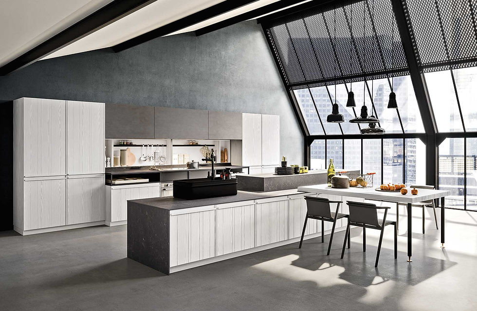 Luxury European kitchen remodel - Composit Pepper kitchen with white island under loft windows