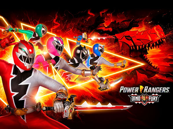 Power Rangers Dino Fury poster featuring Zayto the Red Ranger, Amelia Jones the Pink Ranger, Ollie Akana the Blue Ranger, Izzy Garcia the Green Ranger, and Javi the Black Ranger in dynamic dino-themed action poses against a fiery background