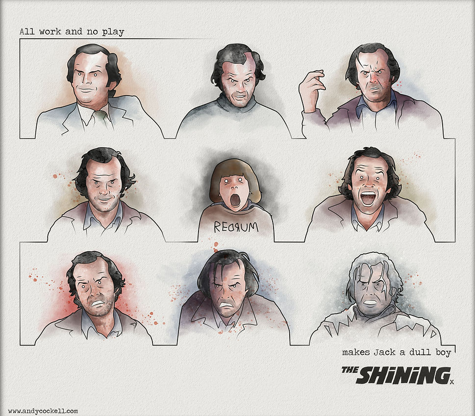 Watercolour and ink illustration of Jack Nicholson as Jack Torrance from The Shining, showing expressive linework with bold colour washes