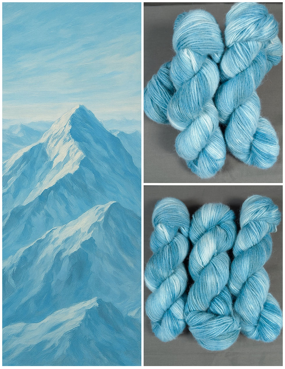 Painterly view from a mountain summit under a luminous glacier-blue sky, evoking the colors of Sky at the Summit yarn.