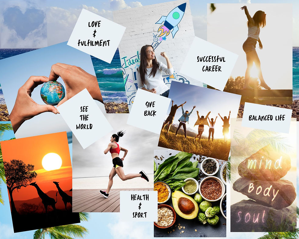 Visuele collage: reizen, succes, gezondheid, sport, balans