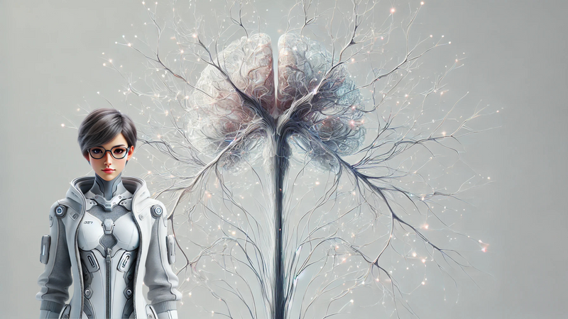 Futuristic AI avatar in white exosuit with neural tree behind — representing nervous system rhythm control.
