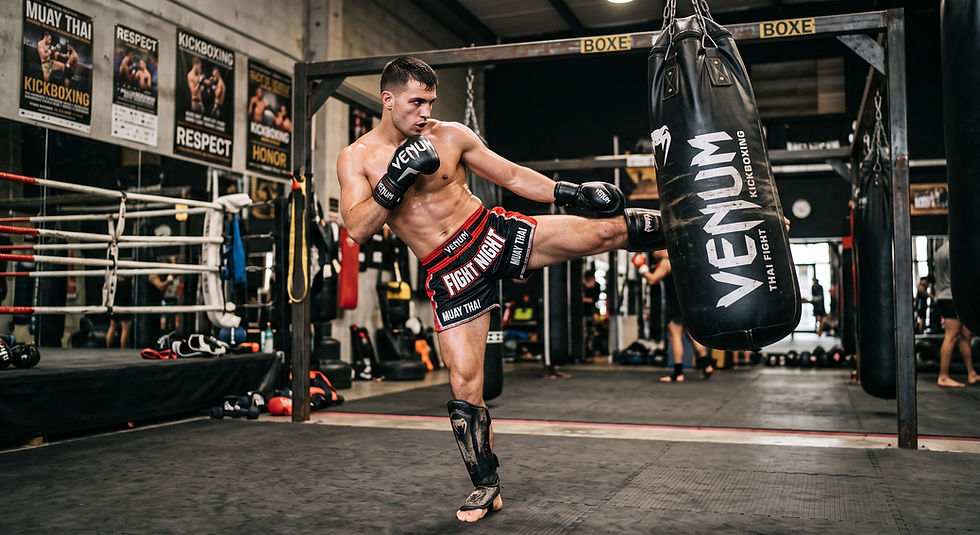 Un combattant de kickboxing s'entraine au sac de frappe dans une salle de boxe