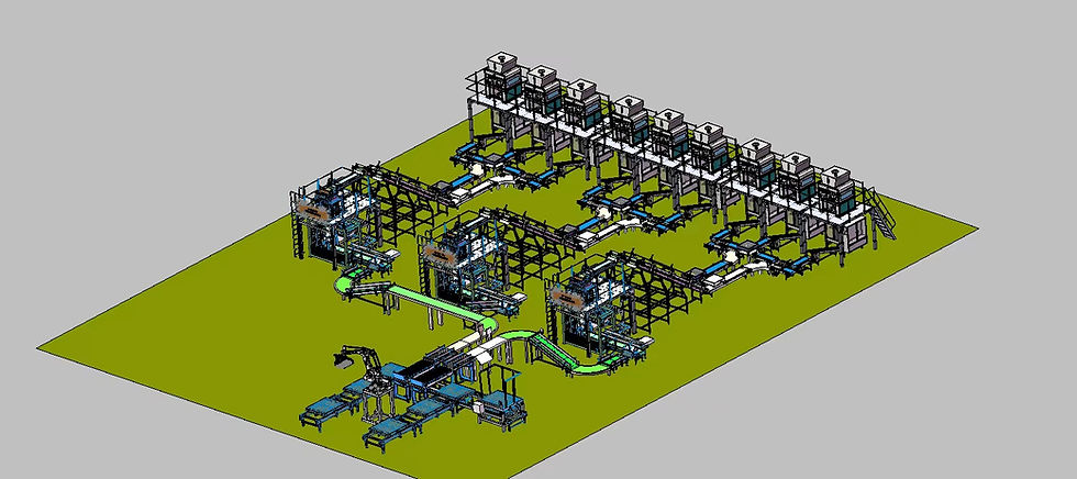 3D CAD model of a complete seed packaging line layout.