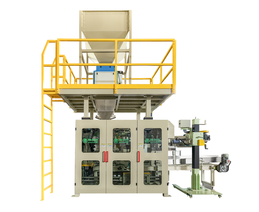 Industrial seed packaging line with hopper and platform