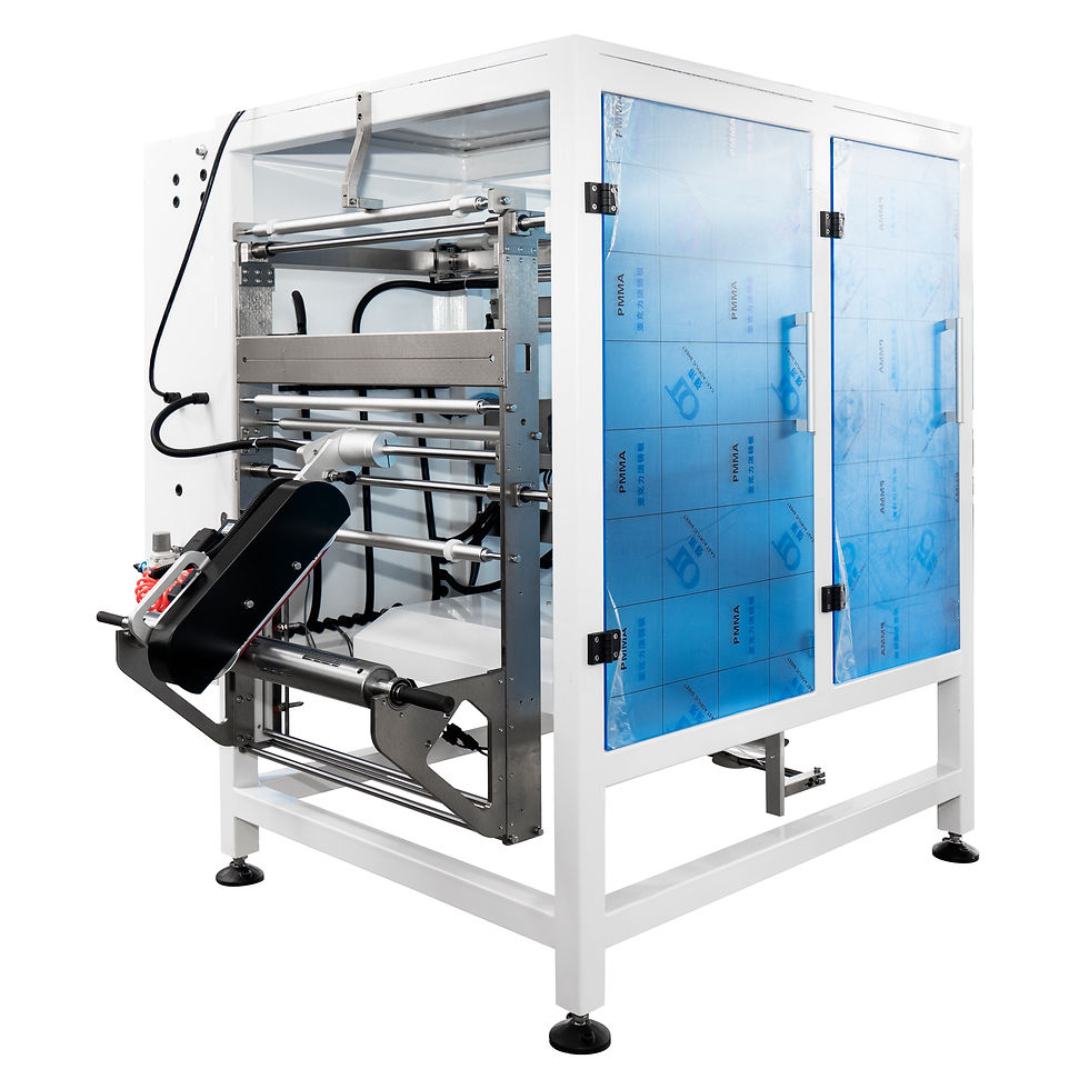 Industrial seed packaging machine with blue safety panels