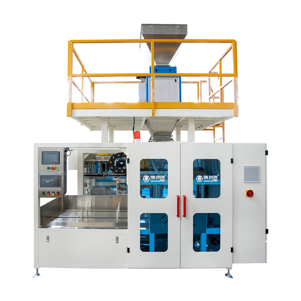 Industrial seed packaging line machine with hopper and platform.
