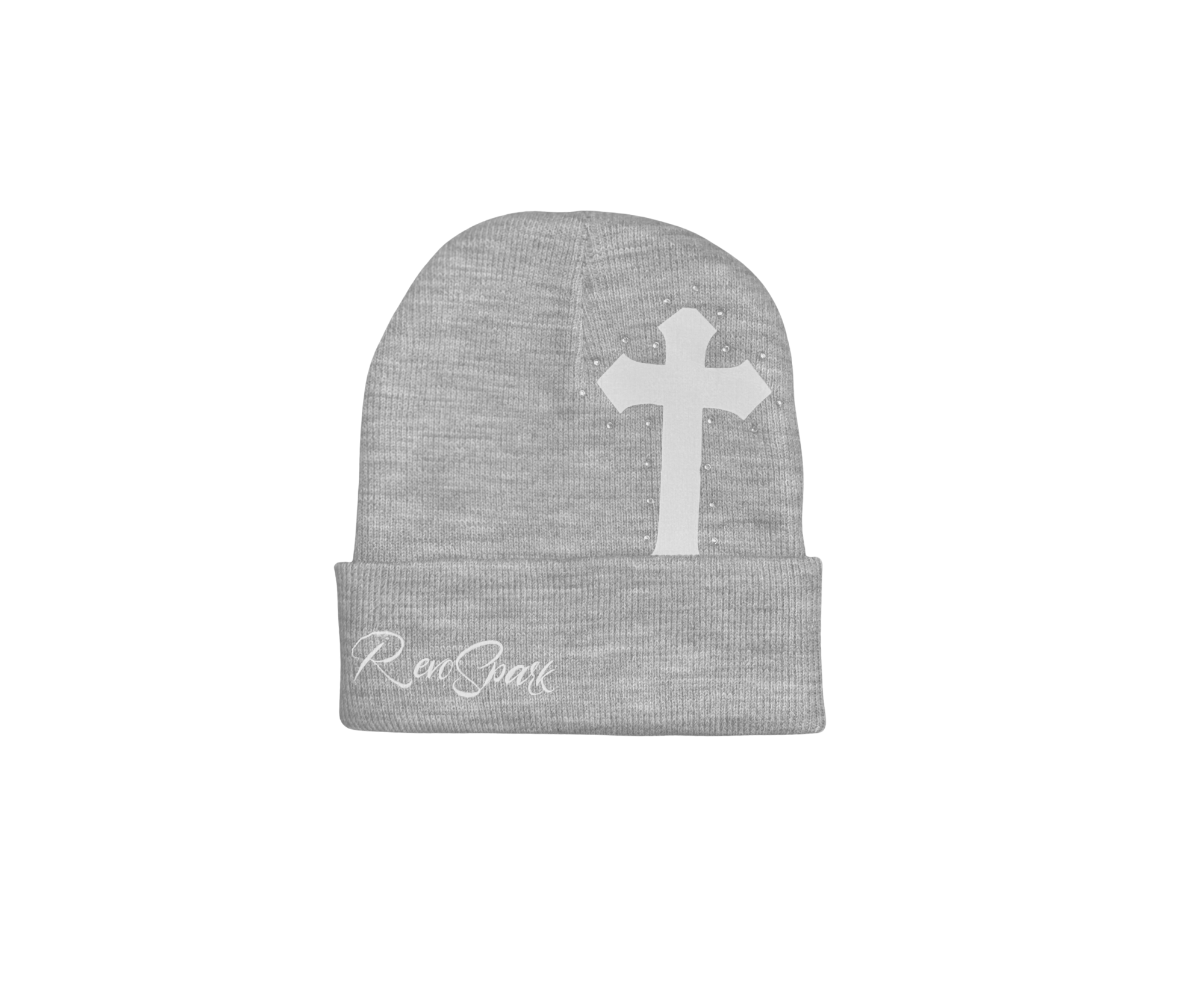 GREY "RHINESTONE' CROSS BEANIE 