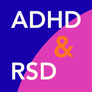 Text "ADHD & RSD" in bold white and orange on a blue and pink abstract background.