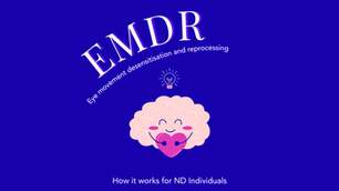 Smiling brain holding a heart on blue background. Text reads "EMDR: Eye movement desensitisation and reprocessing. How it works for ND Individuals."