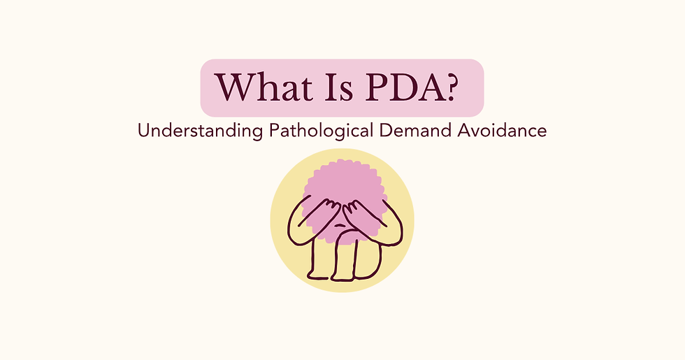 Text reads "What Is PDA? Understanding Pathological Demand Avoidance" with an illustration of a figure covering its face on a yellow circle.