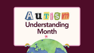 Autism Understanding Month text with colorful letters and a globe with puzzle pieces and rainbows on purple background.