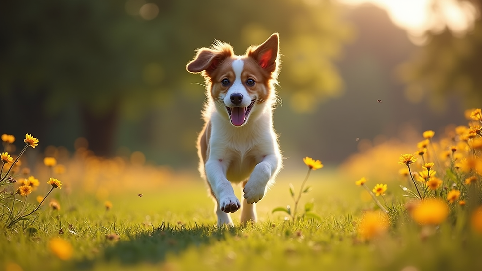 Hund läuft fröhlich über eine blühende Wiese