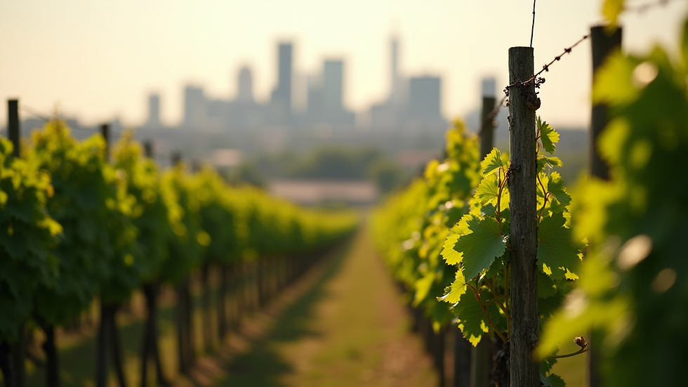 Weitwinkelaufnahme eines ruhigen Weinbergs mit Blick auf Frankfurts Skyline