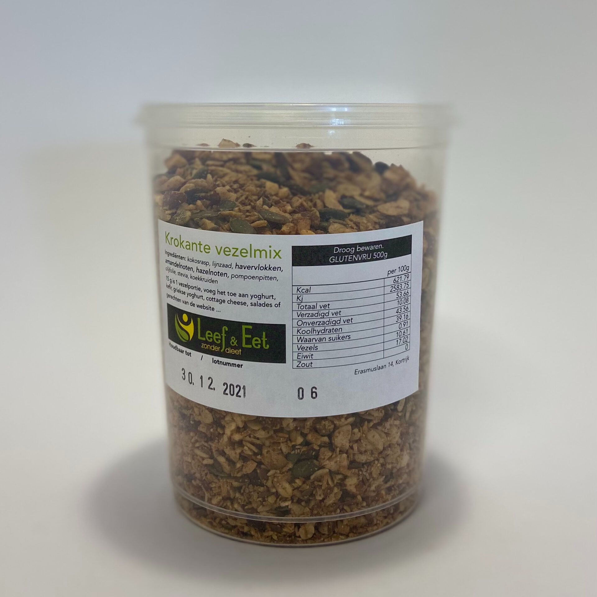 de korkante vezelmix van Leef en Eet, voor bij je yoghurt of op salades, zoet en gezond.