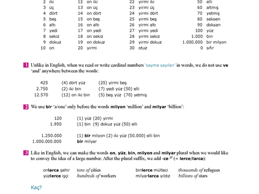 Turkish cardinal numbers worksheet with examples and English comparison.