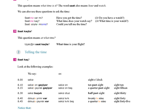 Asking and telling the time in Turkish – A1-level grammar lesson with clear explanations and examples.