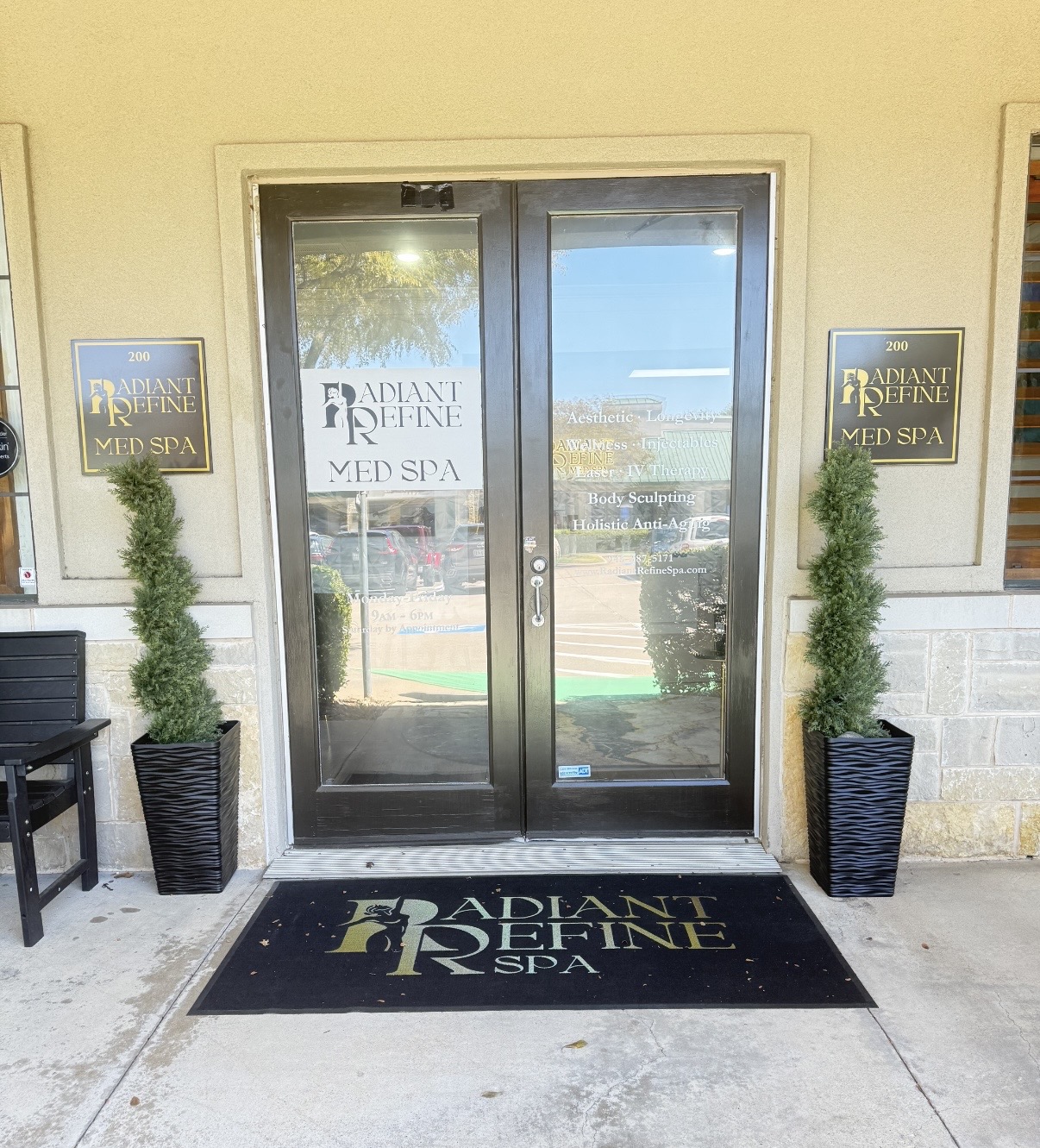 Radiant Refine Spa entrance and Suite 200 signs at 3604 Preston Road in Plano