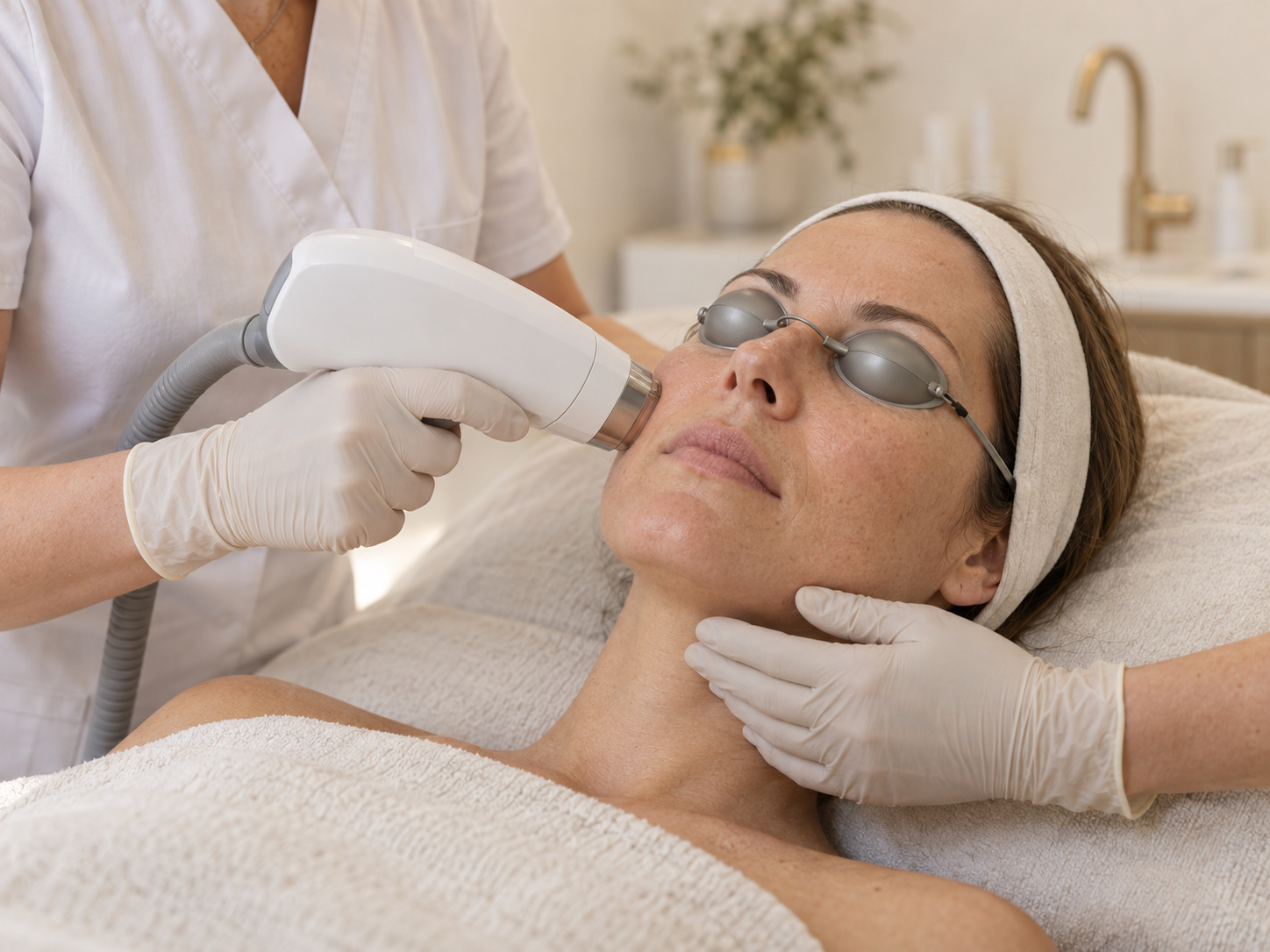 Facial laser rejuvenation with protective eye shields