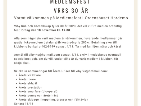 Välkomna på medlemsfest i Ordenshuset i Hardemo den 18e november!