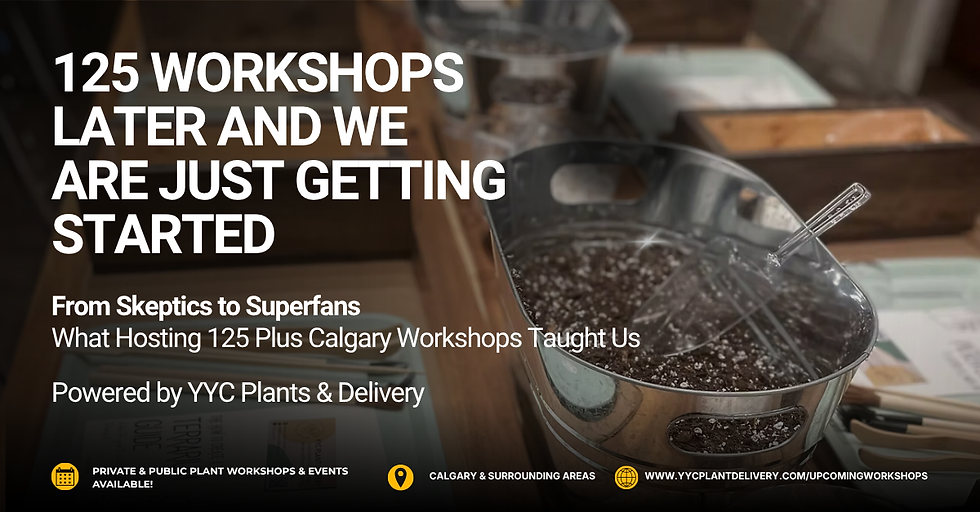 YYC Plants and Delivery is celebrating a milestone: 125+ plant workshops hosted across Calgary, Airdrie, Okotoks, High River, and Foremost over 18 months. The piece covers their origin story (plants as a connector for everyone from enthusiasts to self-described "plant killers"), what they've learned hosting events of all sizes (10 to 60+ people) in venues from breweries to corporate boardrooms, and how their booking/setup/cleanup process works end-to-end. A recurring theme is that human connection, not the plants themselves, is the real product. It closes with a call to action for event planners, corporate coordinators, and individuals to book a public or private workshop, plus social links.