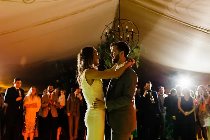 couples first dance at pylewell park wedding.webp